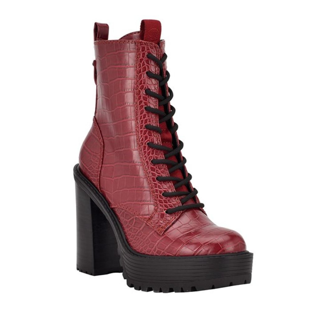 GUESS Women's Kaniela High Heel Platform Merlot Red Croco Lace Up Booties 7.5